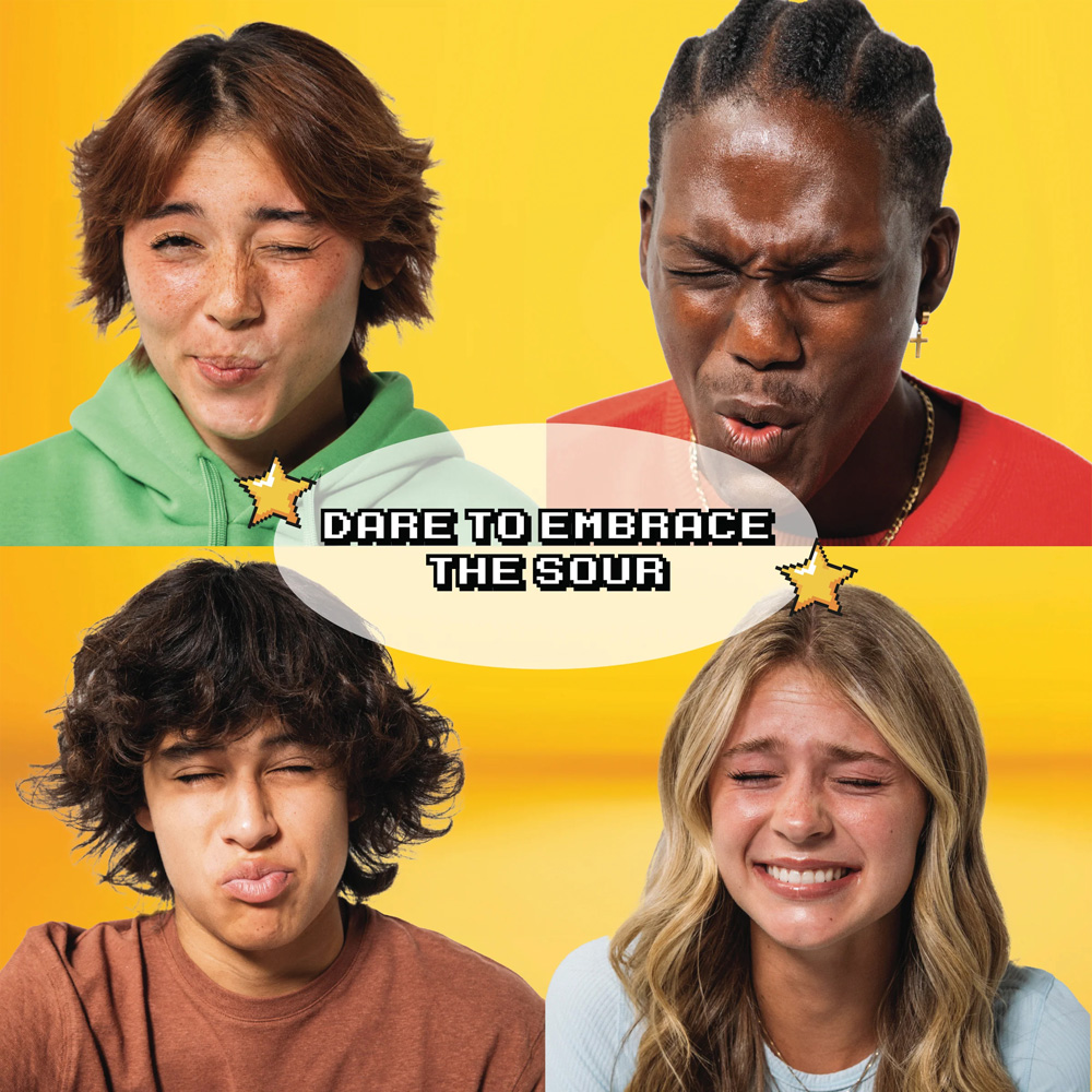 Four people react to a sour candy, faces scrunched, next to "Dare to Embrace the Sour" text. Final Boss Sour campaign imagery.