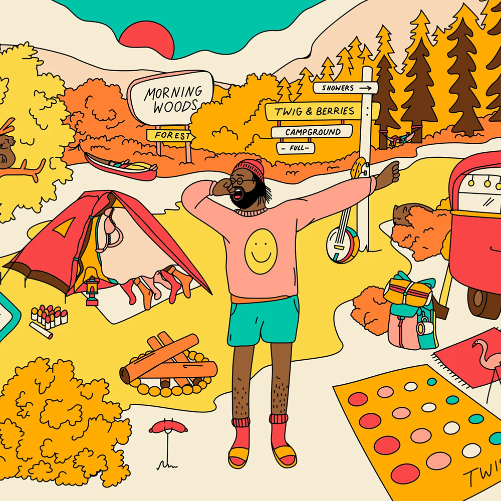moody incense illustration of a guy wearing a smily sweatshirt, yawning, in a camping site surrounded by camping elements