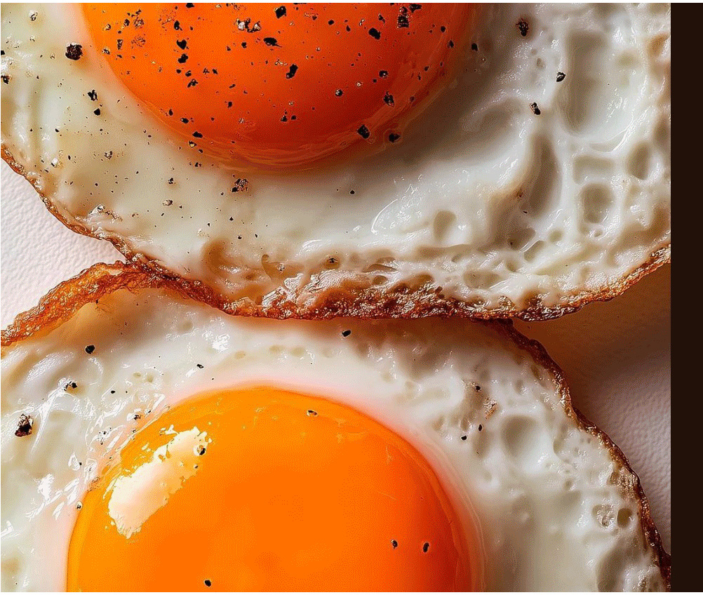 close up on sunny side up eggs, view from above