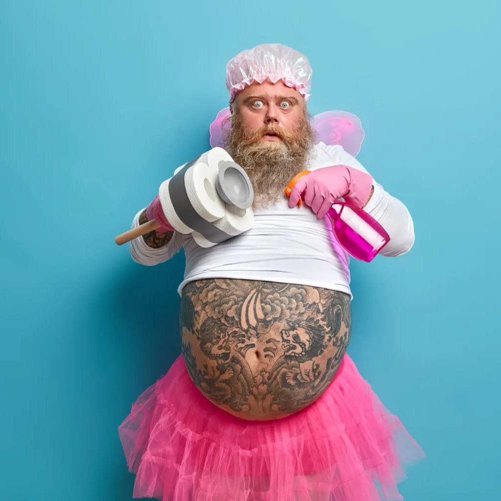 Bearded man in a shower cap, fairy wings, and pink tutu, holding a toilet plunger and spray bottle against a blue background.