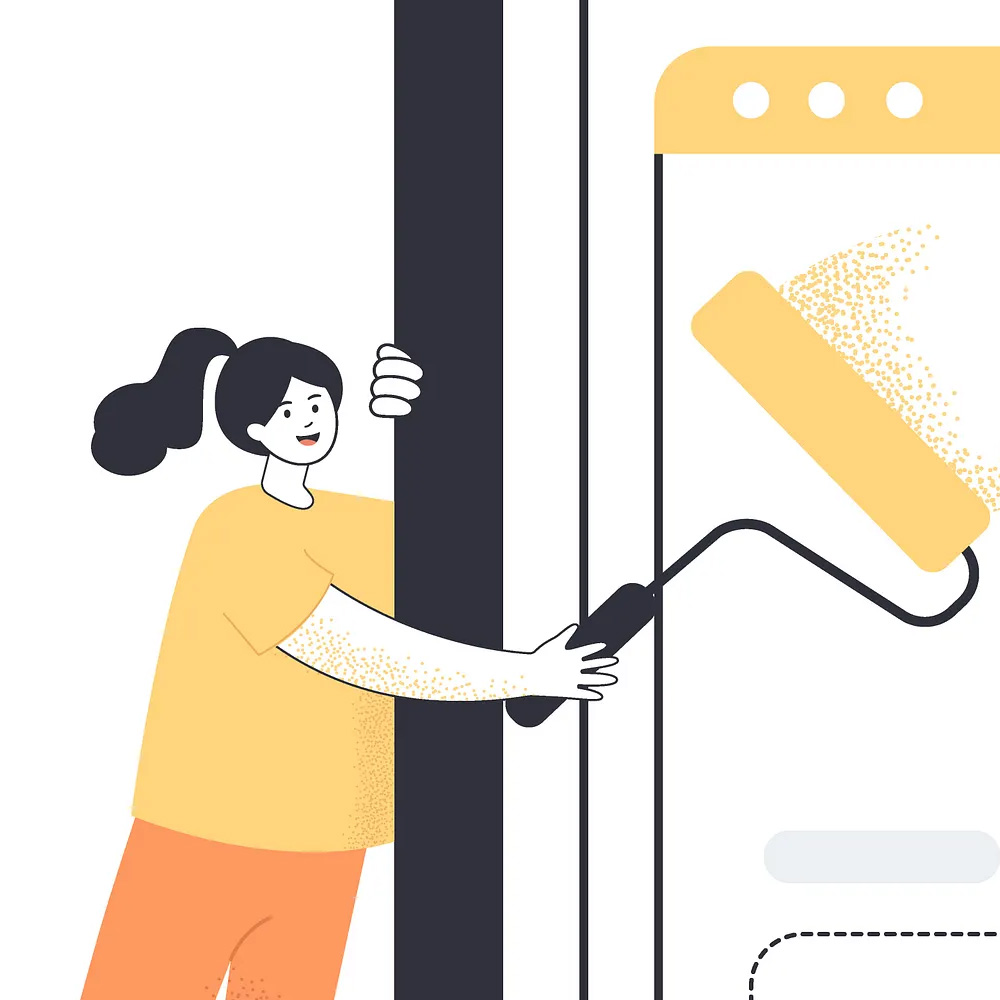 Illustration of a woman using a paint roller to paint a browser window's border yellow, blending into a webpage mockup.