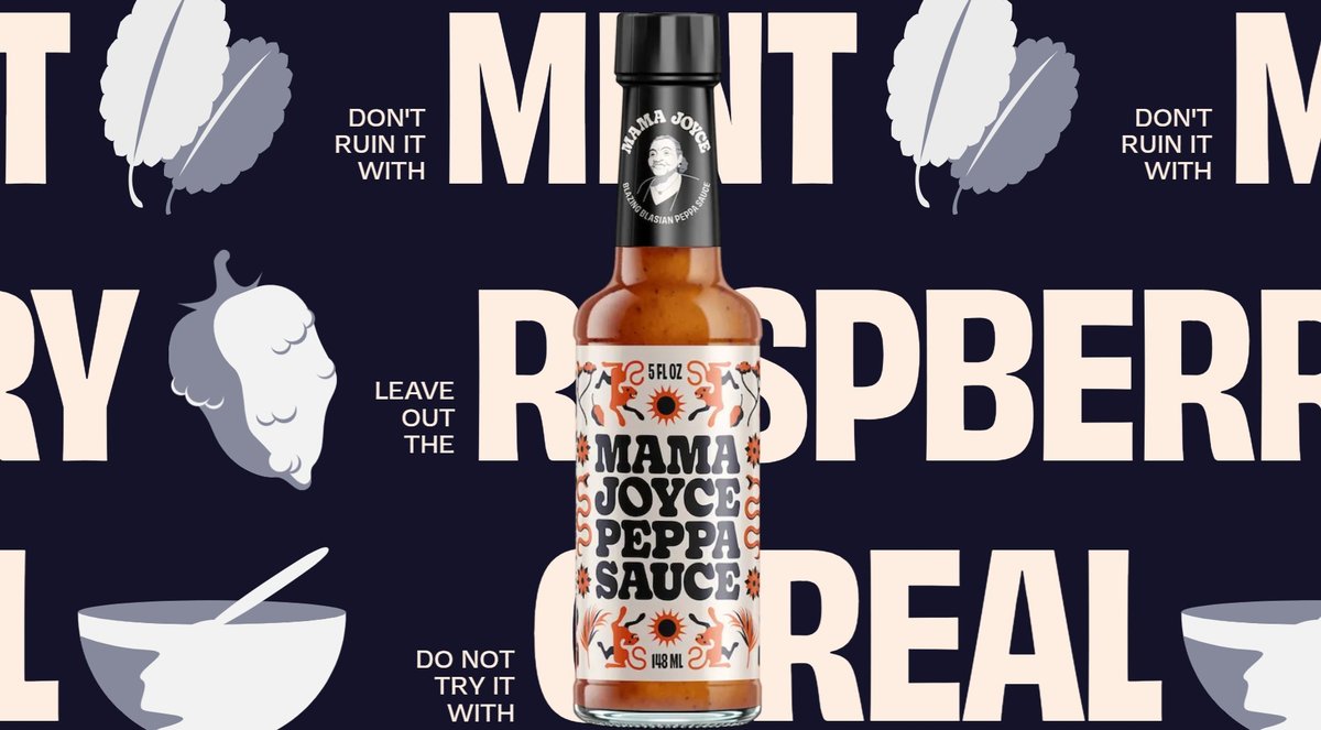 A bottle of Mama Joyce Peppa Sauce on a dark navy background with bold cream lettering and playful ingredient illustrations